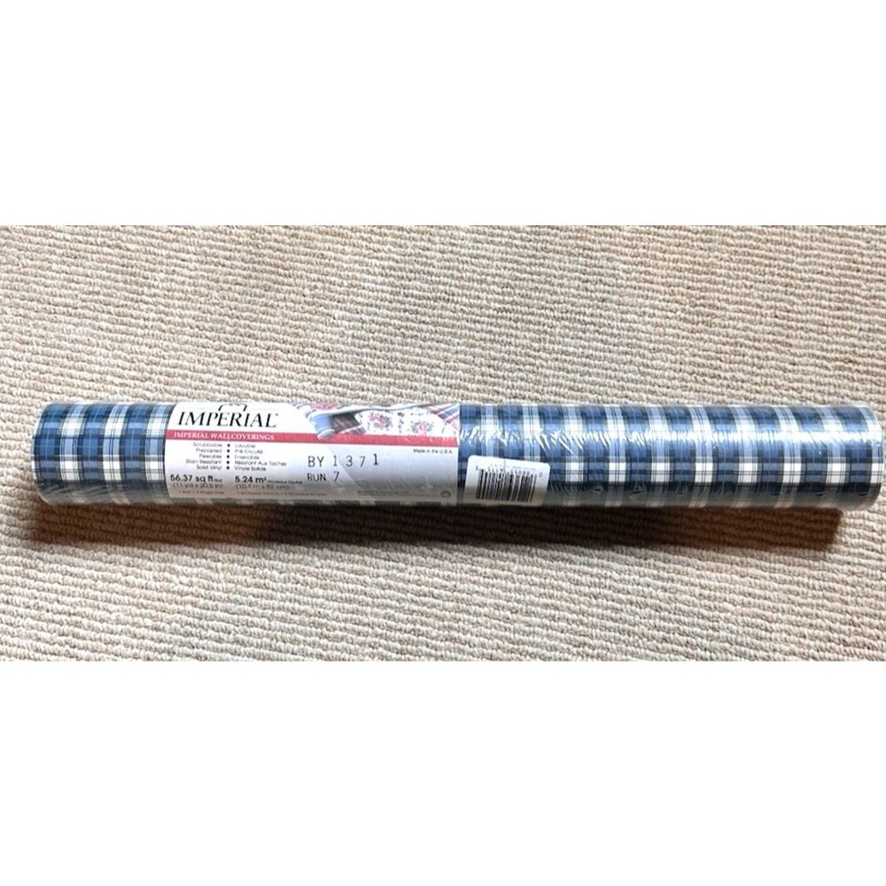 Imperial Wall paper Plaid vinyl Blue White 11 yd x 20.5 inch Union Made USA vtg